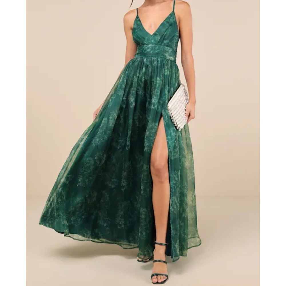 Lulu's Emerald Green Floral Chiffon Maxi Dress with Slit